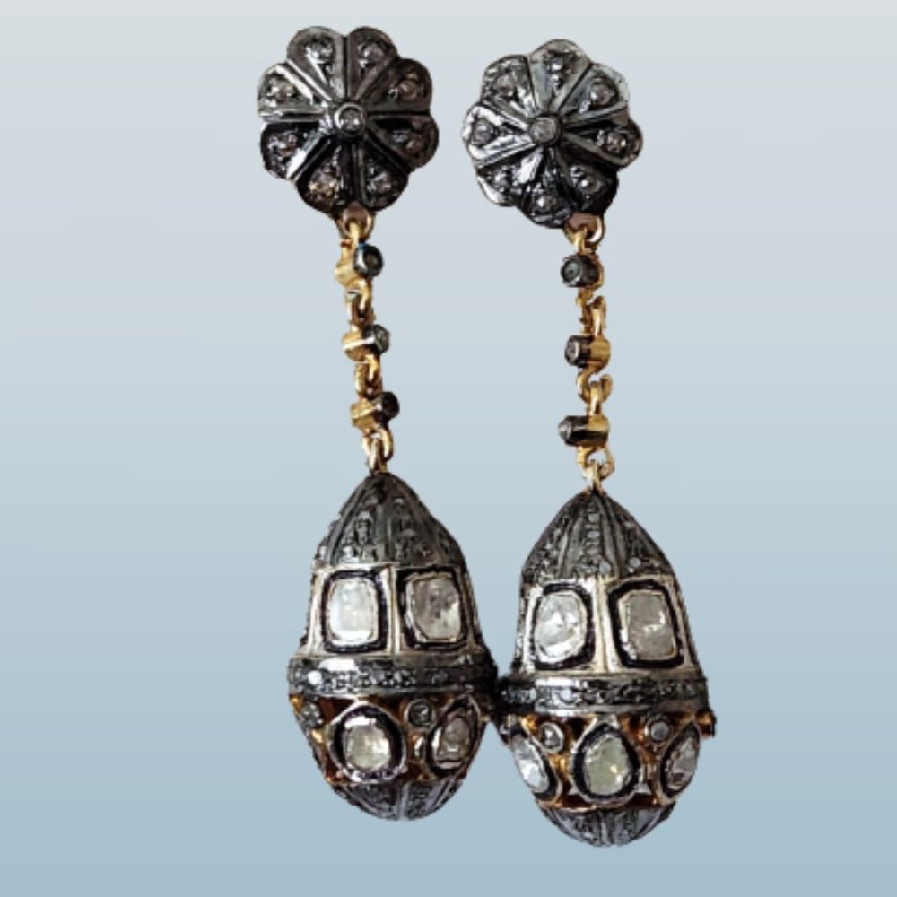 Victorian 4.89 Ct Natural Untreated Rose Cut Diamond Drop Earrings 2.36" (60mm)